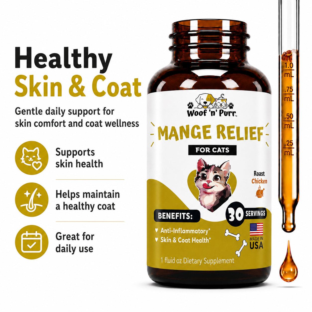 Mange Relief for Cats – Cat Skin & Coat Support, Anti-Inflammatory Formula, Itch & Irritation Relief, 30 Servings