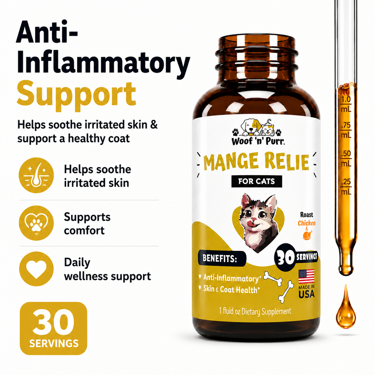 Mange Relief for Cats – Cat Skin & Coat Support, Anti-Inflammatory Formula, Itch & Irritation Relief, 30 Servings