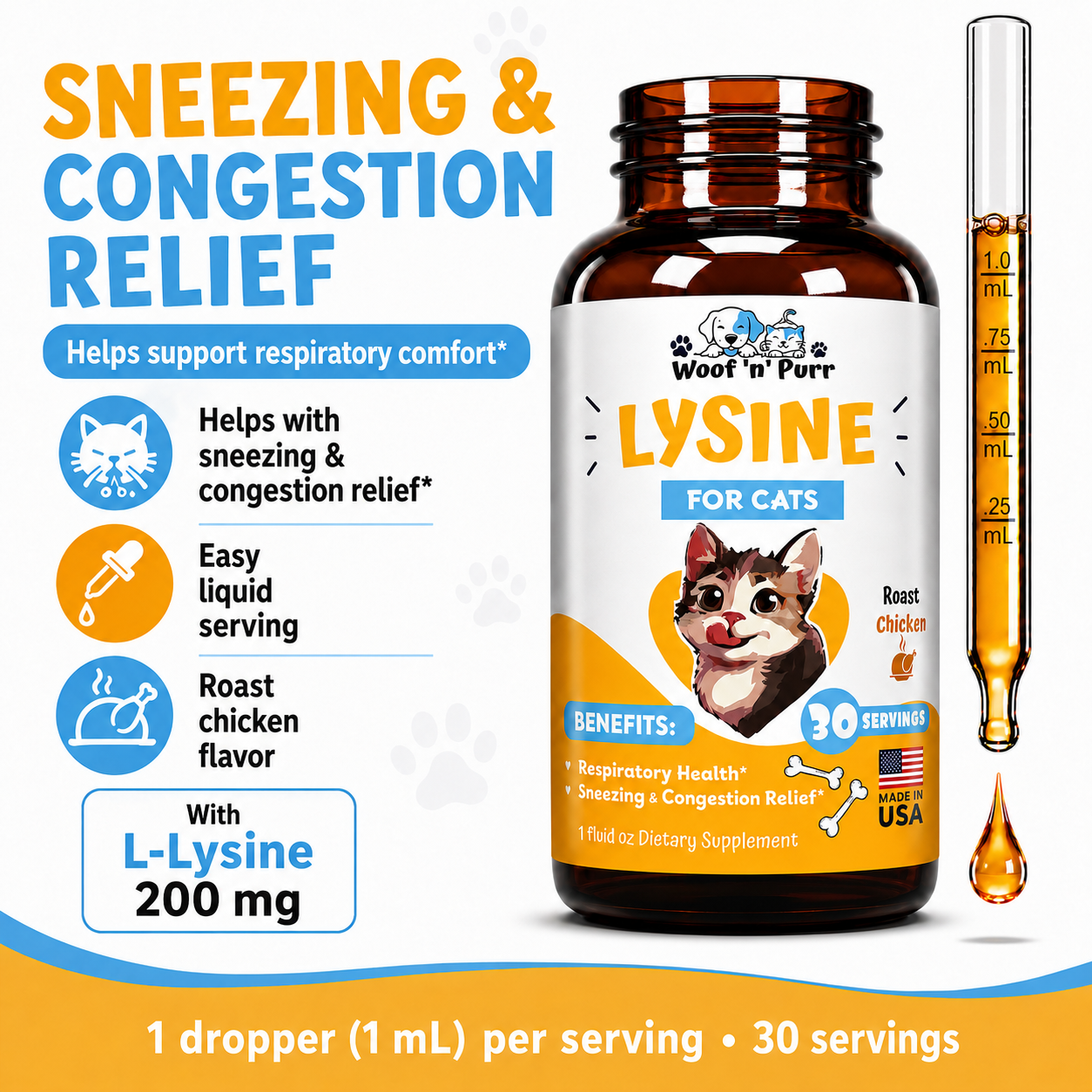 Lysine for Cats – Respiratory Health, Sneezing & Congestion Support, Immune Support, 30 Servings