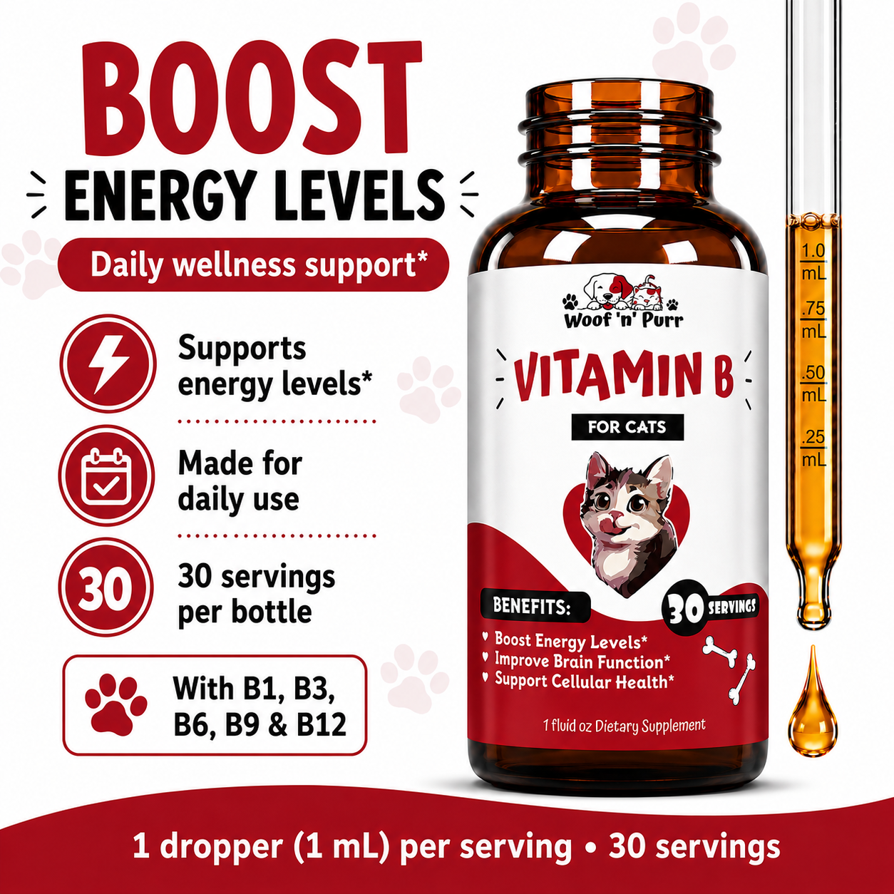 Vitamin B for Cats – B Complex Cat Supplement for Energy, Brain Function & Cellular Health, 30 Servings