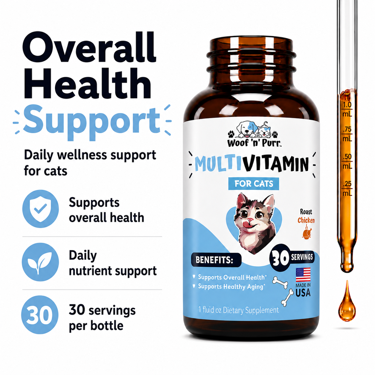 Multivitamin for Cats – Cat Daily Supplement for Overall Health, Healthy Aging & Wellness Support, 30 Servings